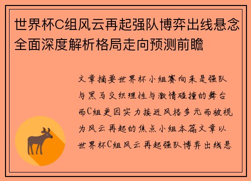 世界杯C组风云再起强队博弈出线悬念全面深度解析格局走向预测前瞻